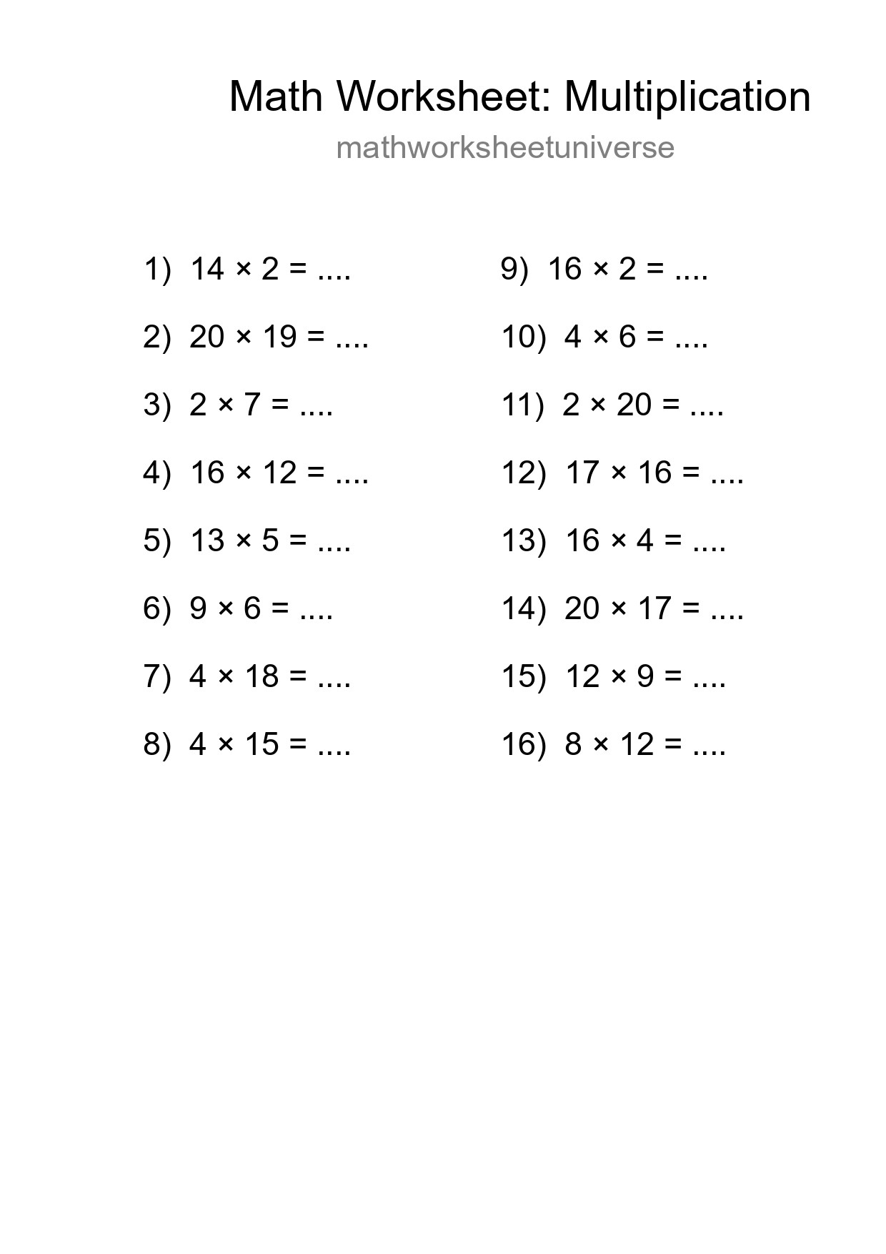 Printable Free 16 Multiplication Math Worksheet For Grade 2 - Part 257