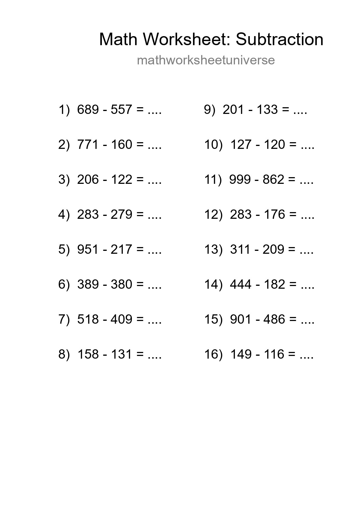 Printable Free 16 Subtraction Math Worksheet For Grade 5 - Part 48