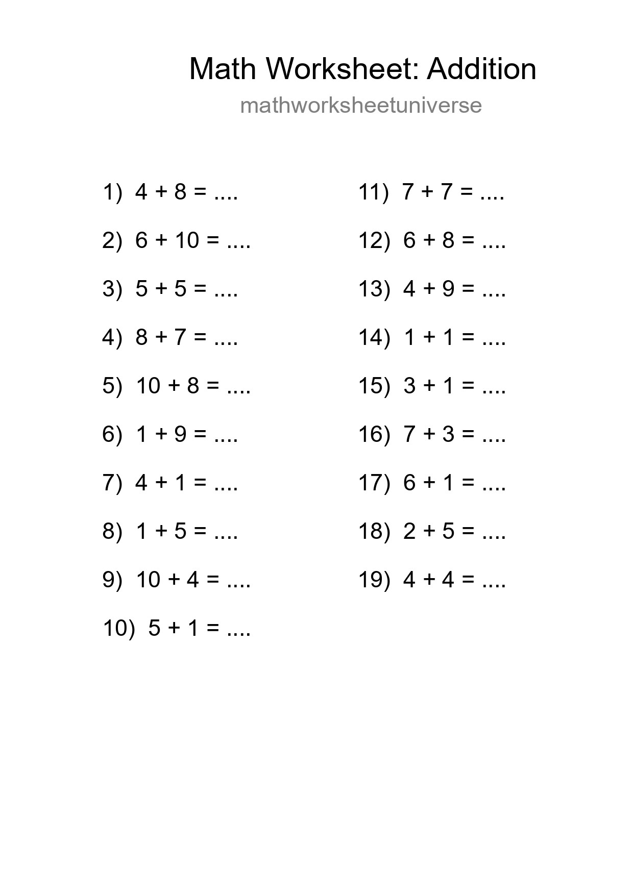 Printable Free 19 Addition Math Worksheet For Grade 1 - Part 221