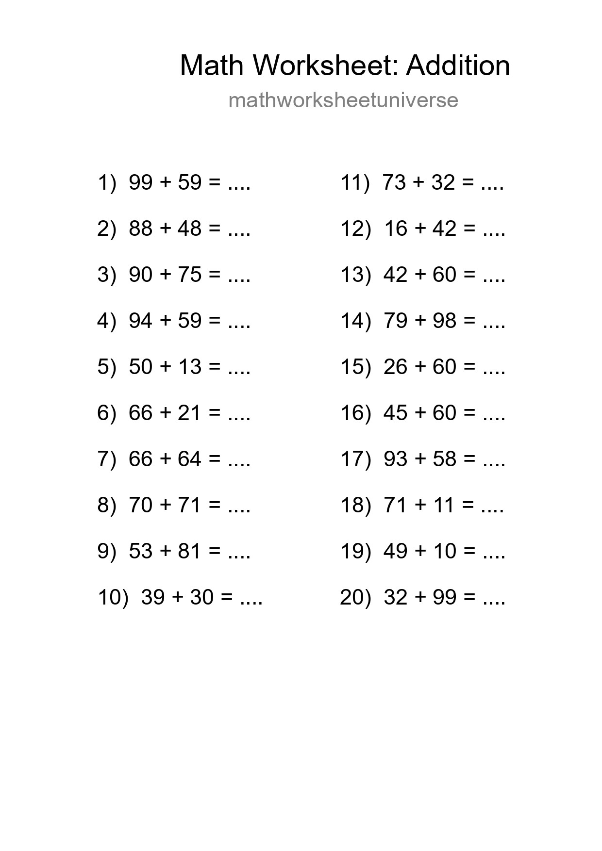Printable Free 20 Addition Math Worksheet For Grade 3 - Part 91