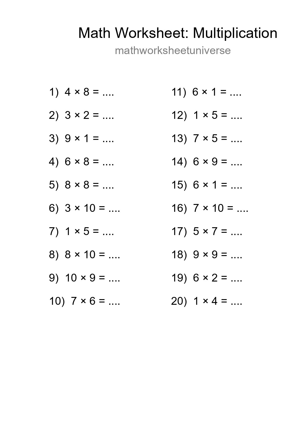 Printable Free 20 Multiplication Math Worksheet For Grade 1 - Part 17