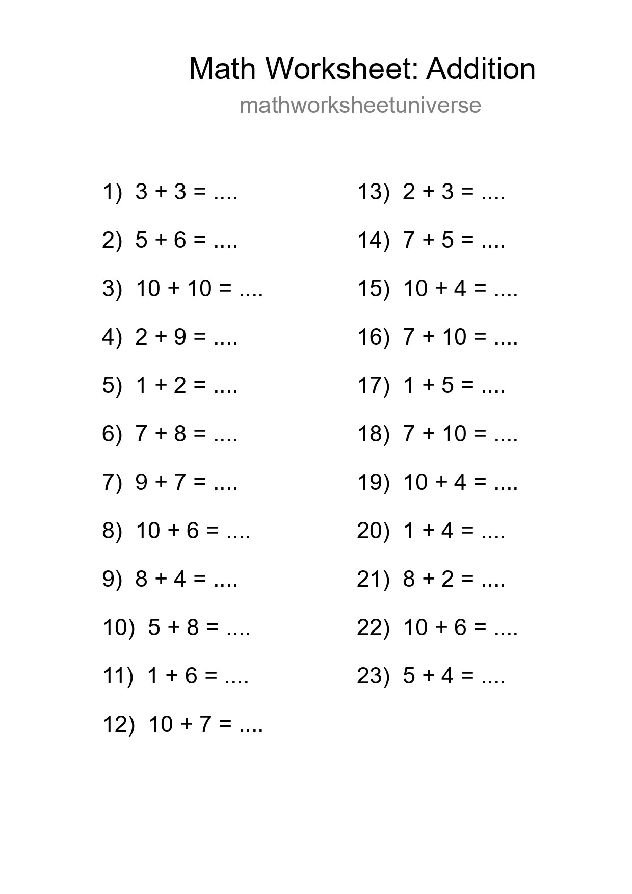 Printable Free 23 Addition Math Worksheet For Grade 1 - Part 11