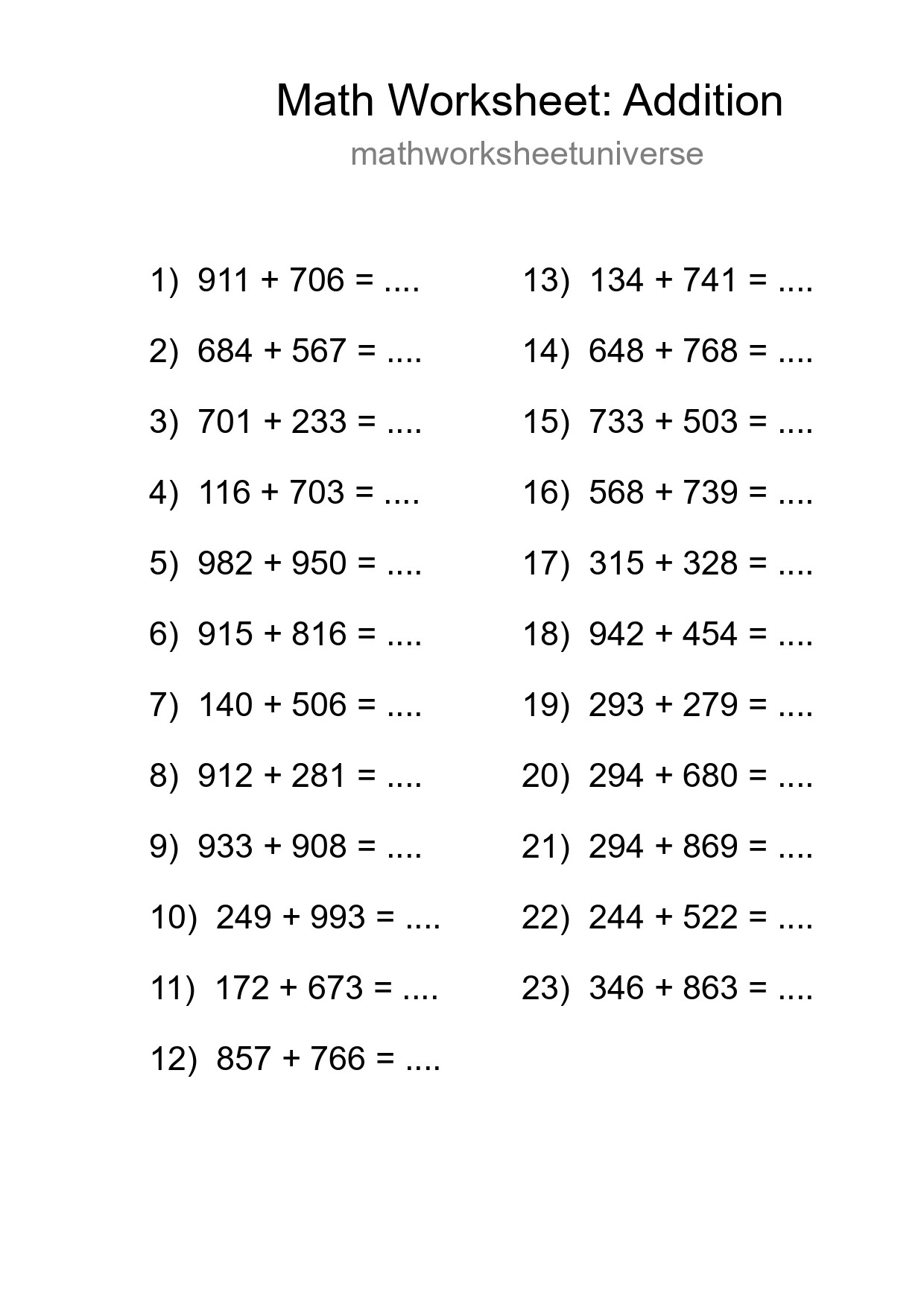 Printable Free 23 Addition Math Worksheet For Grade 5 - Part 21