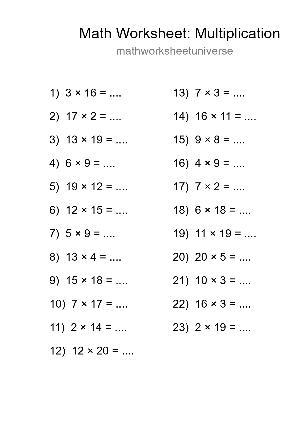 Printable Free 23 Multiplication Math Worksheet For Grade 2 - Part 277