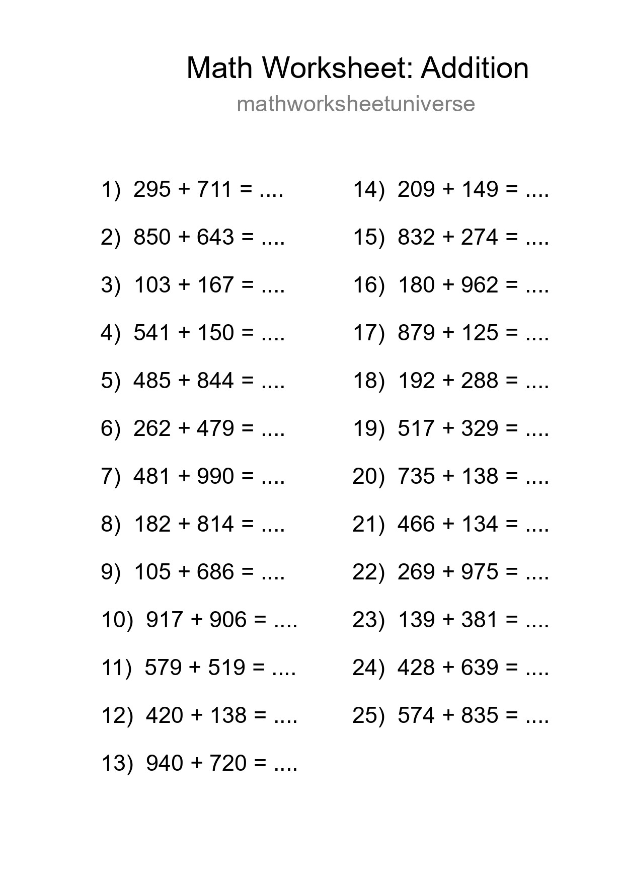 Printable Free 25 Addition Math Worksheet For Grade 5 - Part 51