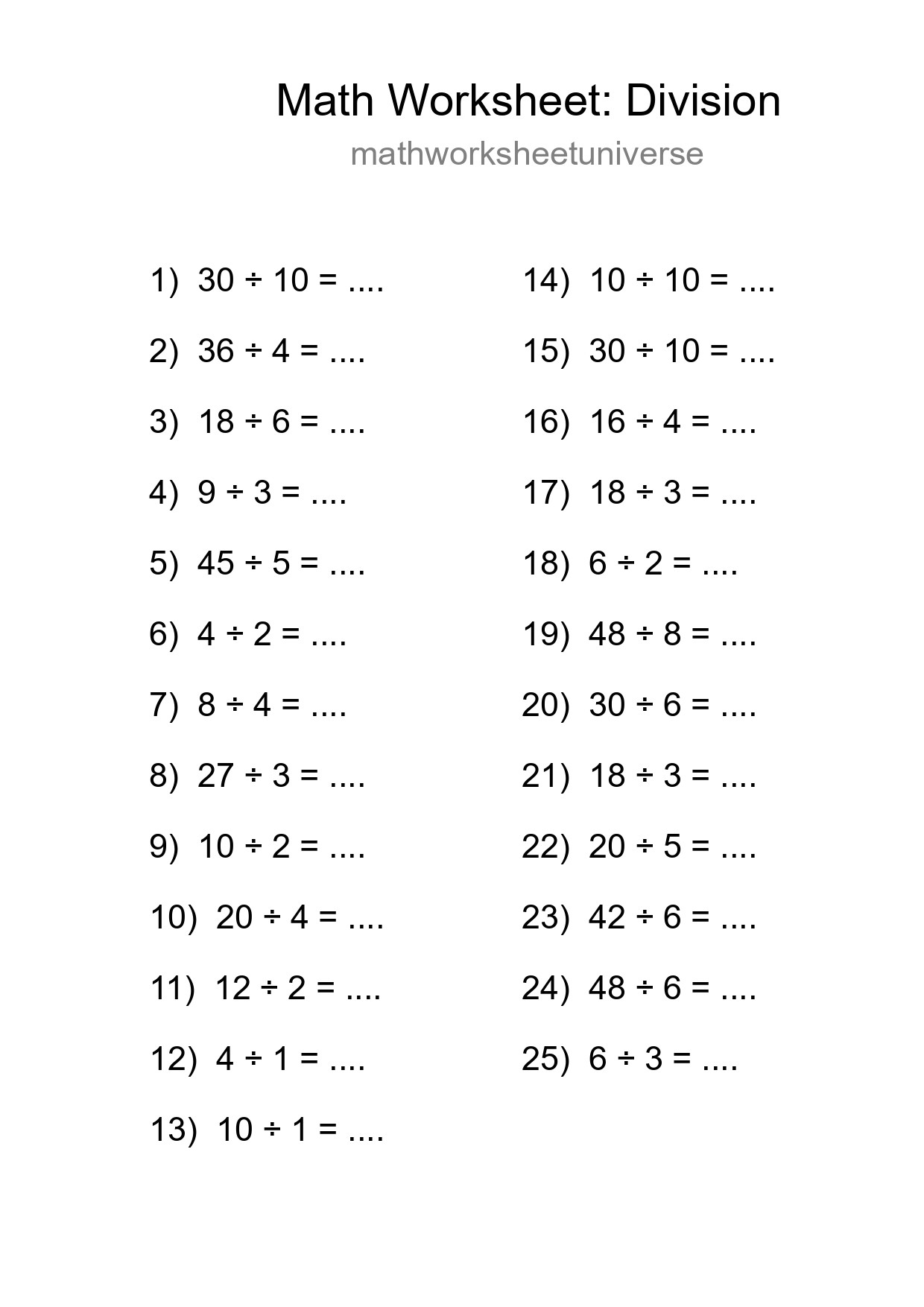 Printable Free 25 Division Math Worksheet For Grade 1 - Part 224