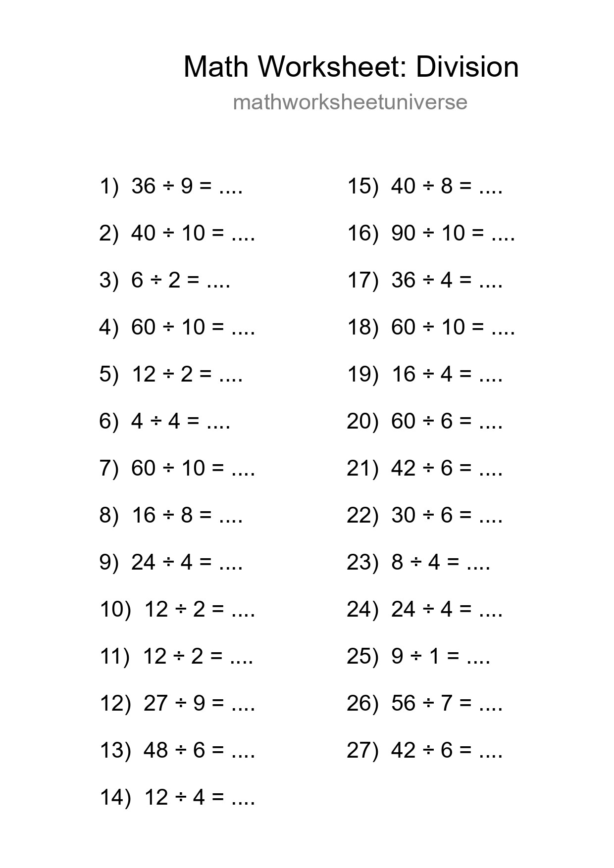Printable Free 27 Division Math Worksheet For Grade 1 - Part 284