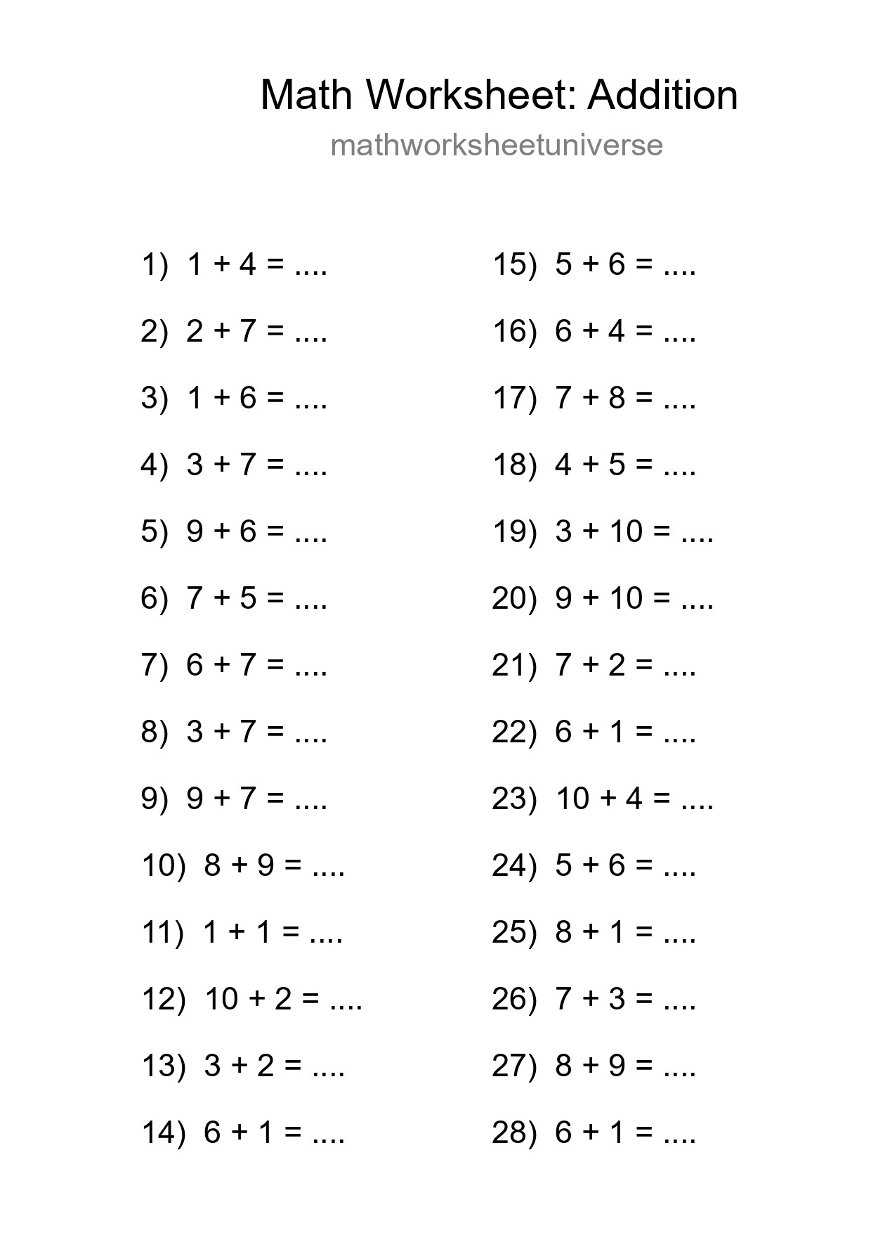 Printable Free 28 Addition Math Worksheet For Grade 1 - Part 121